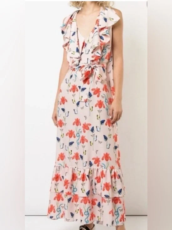 BORGO DE NOR Women's Pink Butterfly Print Ruffle Maxi Dress Size 12 - Picture 1 of 15